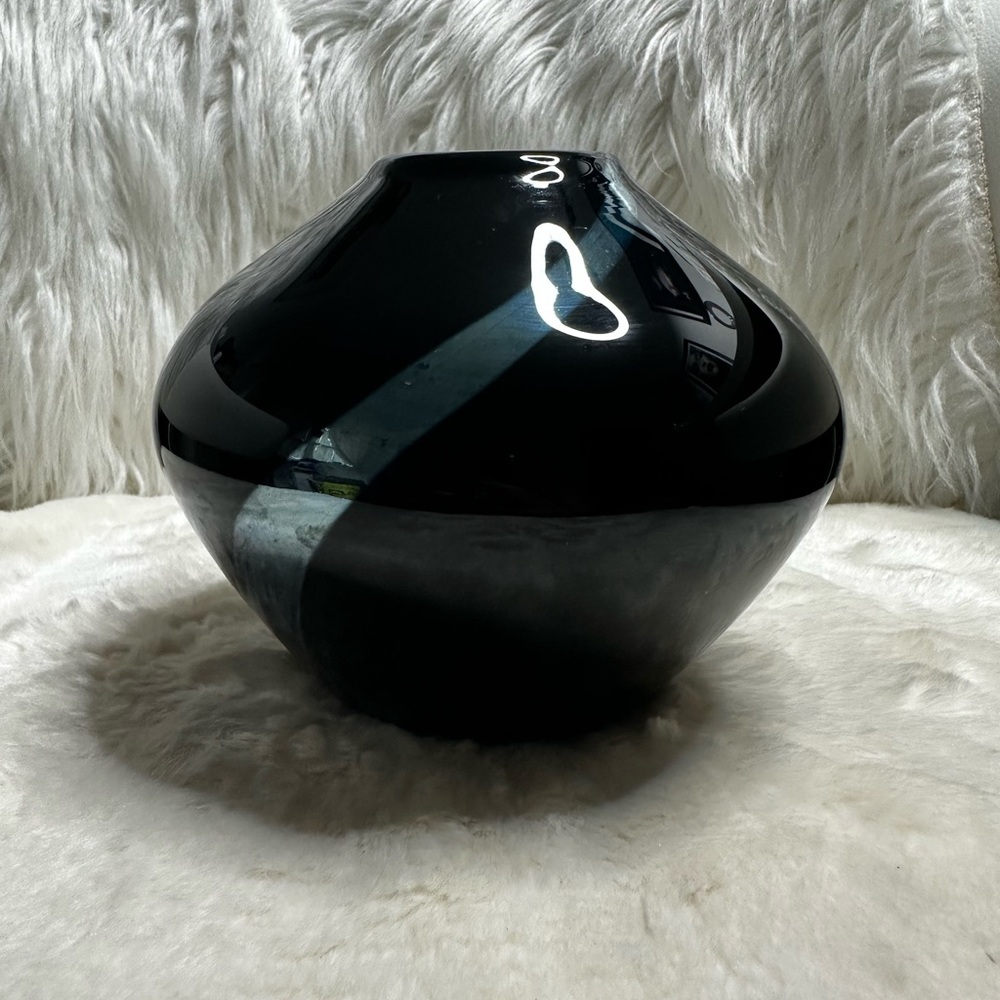 Black Murano Glass Vase With Silver/ Green Swirl
